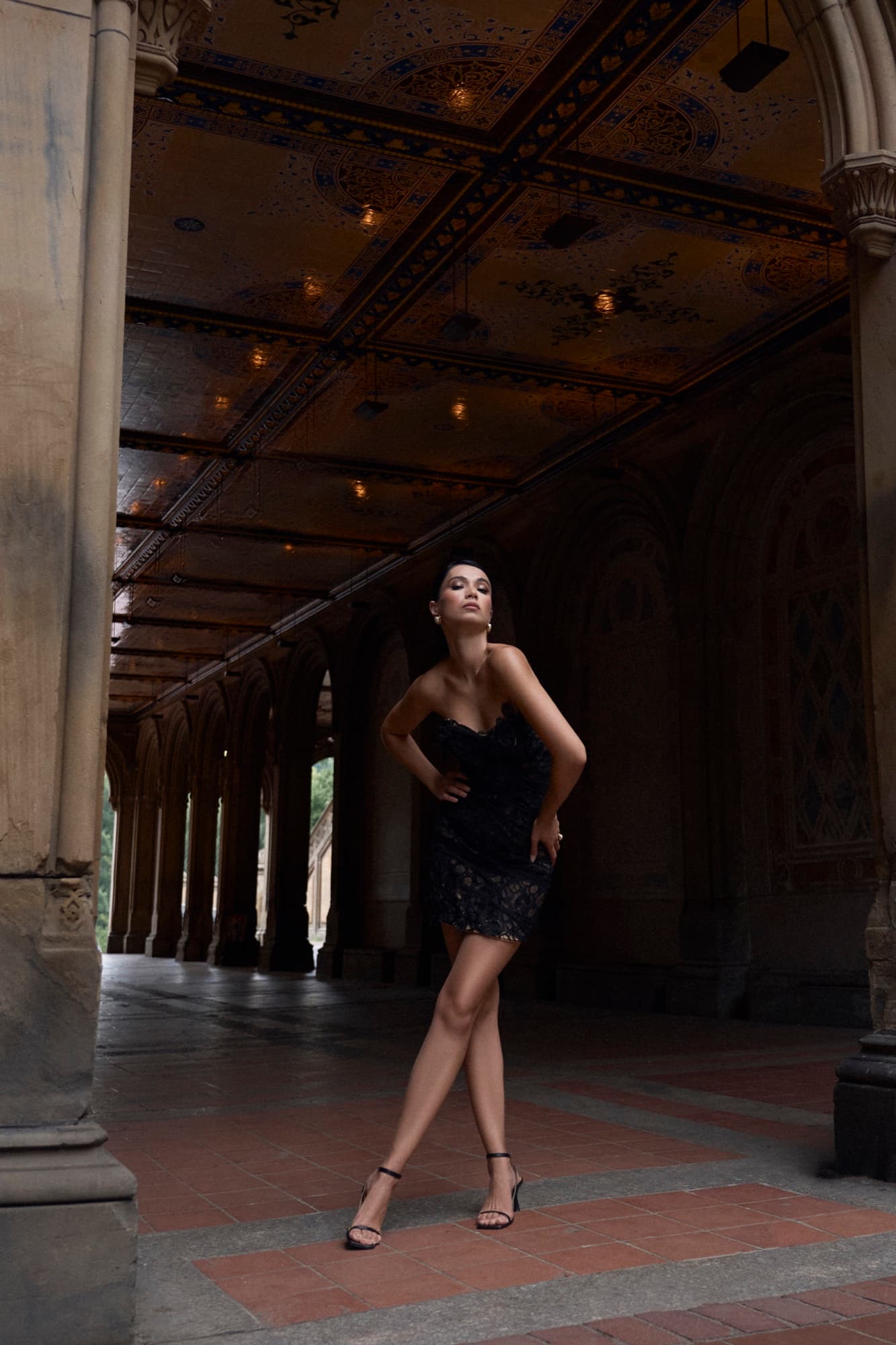 Shirin poses under the ornate Bethesda Terrace arcade in a black lace dress, head tilted back with confidence.